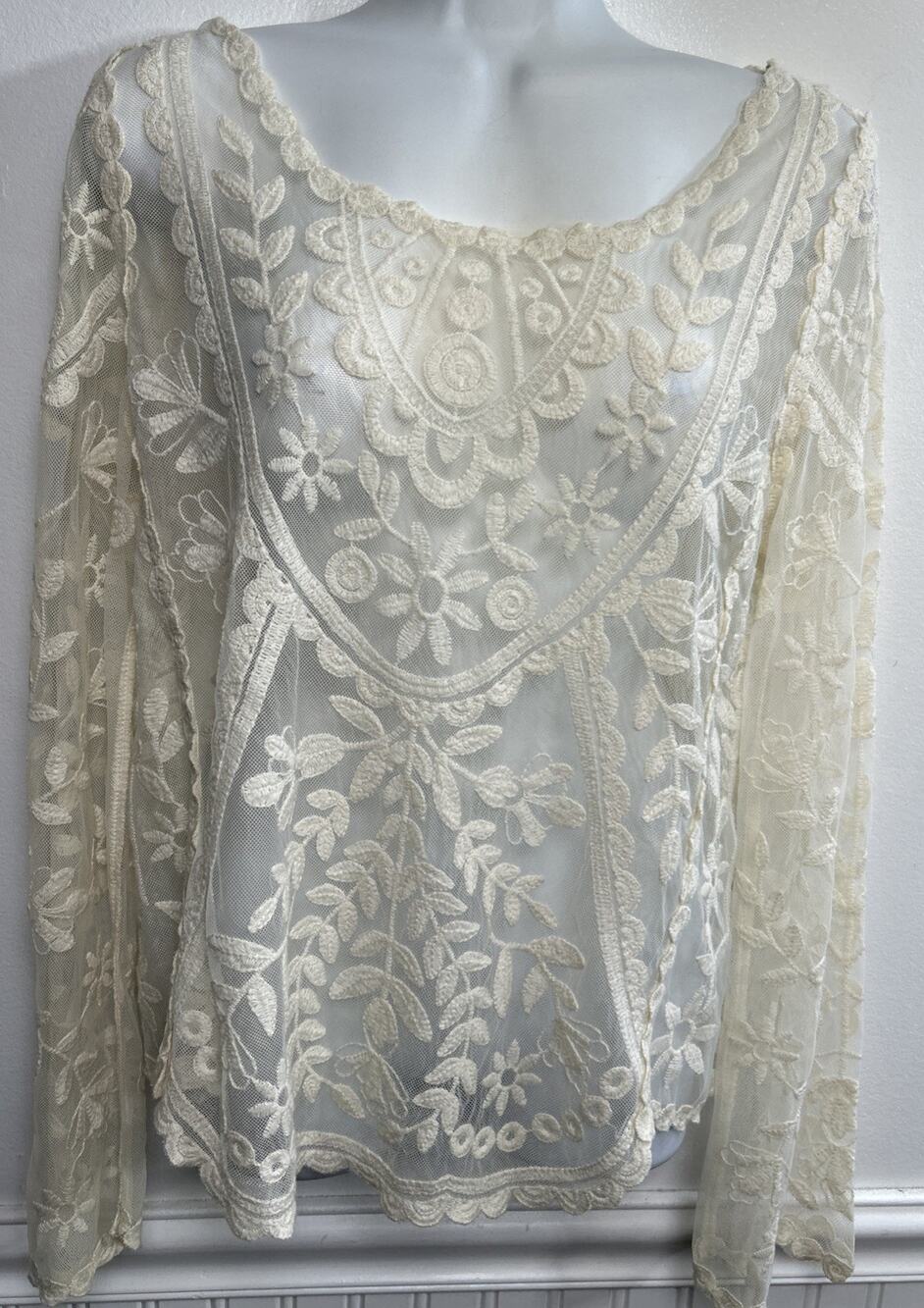 Lace Top Womens M Cream Sheer Floral Embroidered Boho Festival Mesh Fairy Ivory